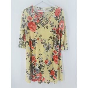 Paisley Grace Womens M Floral Yellow Tunic  Boho Flirty Cross Cross V Neck R1024